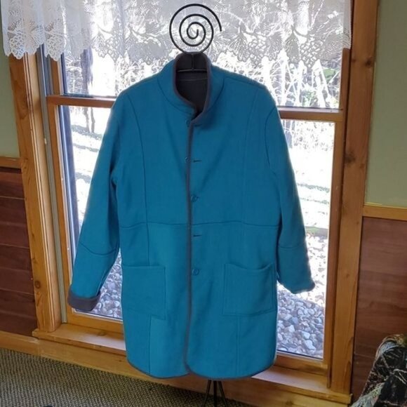 Vintage Reversible Sz 2X Gray/Teal Fleece Long Button Coat with Pockets - Picture 4 of 8